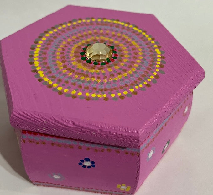 A jewel top hexagon wooden box painted with love!