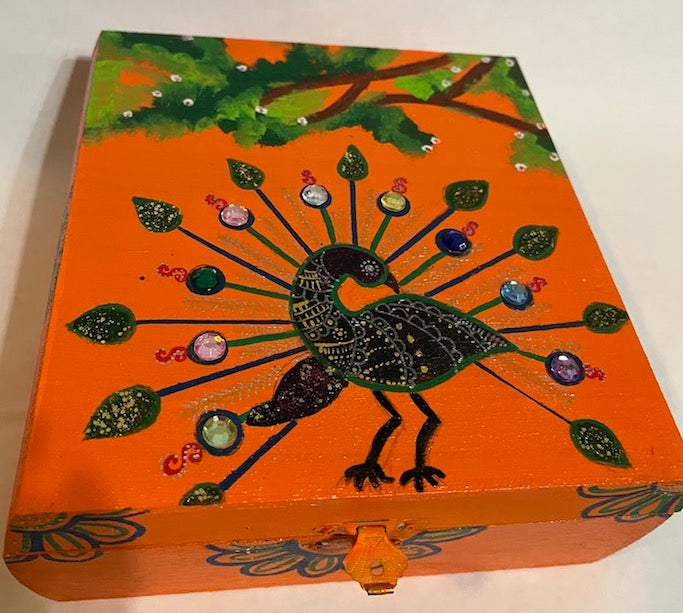 A orange peacock art hand painted wooden gift box