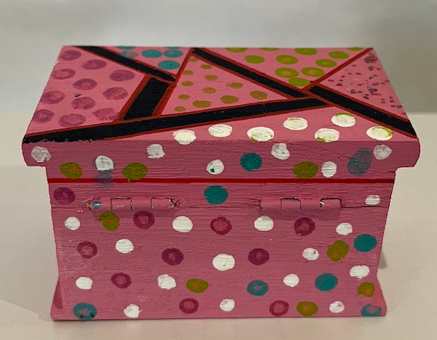 Pink hand painted abstract polka dot wooden trinket with lid.