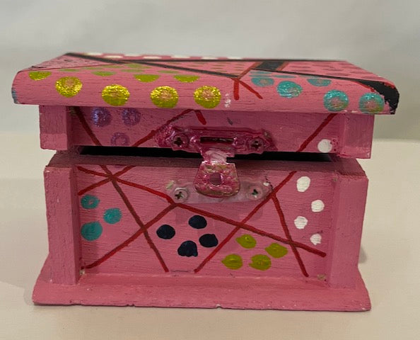 Pink hand painted abstract polka dot wooden trinket with lid.