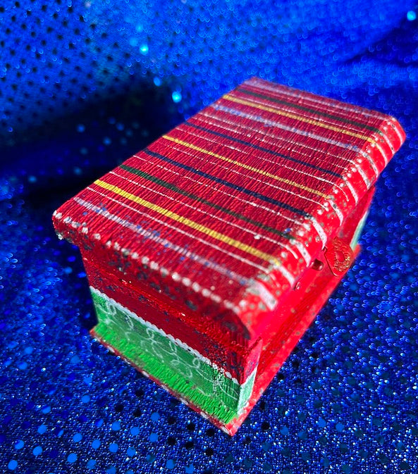 Red Embossed Box A red striped hand painted wooden gift box with lid