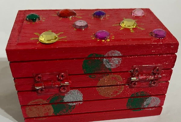 A red hand painted colorful gem top wooden small box with lid
