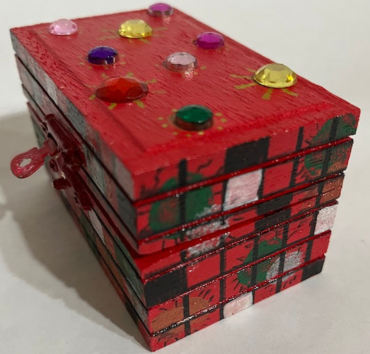 A red hand painted colorful gem top wooden small box with lid