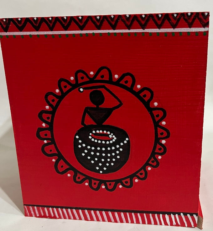 A red hand painted warli art wooden tissue box cover