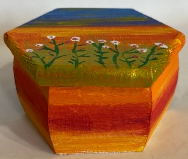 A painted sunset wooden hexagon box