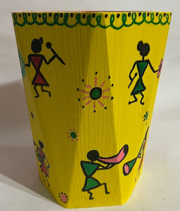 Warli art themed bright yellow small wooden tray & Vase