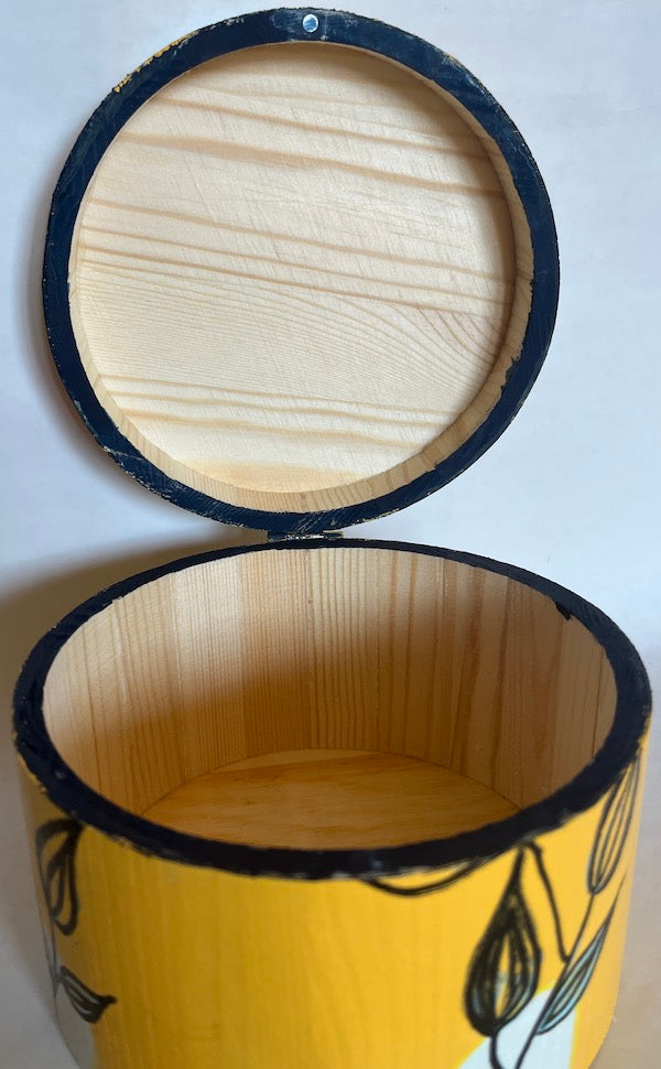Hand painted yellow wooden round box with magnet lid