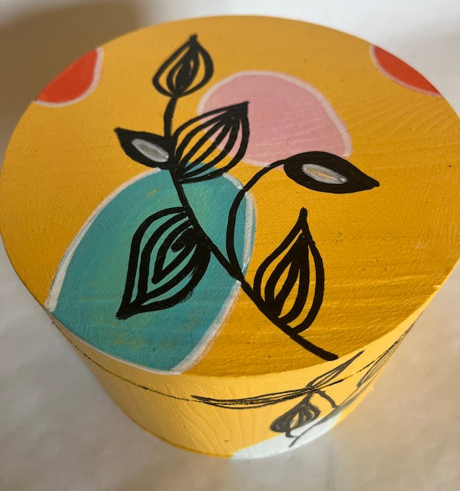 Hand painted yellow wooden round box with magnet lid