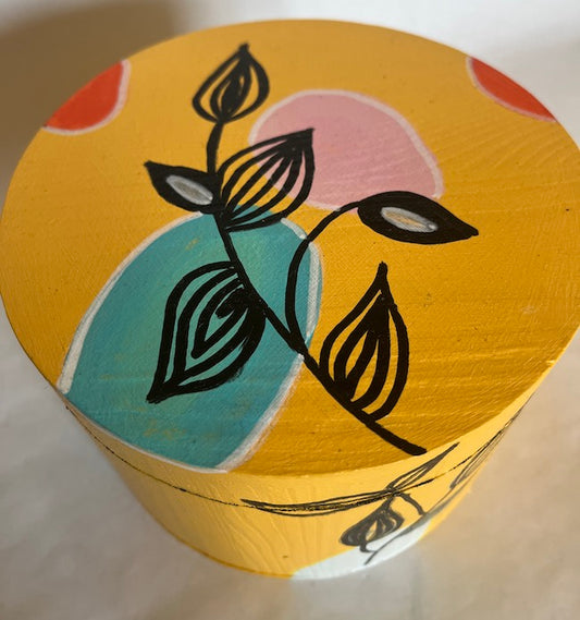 Hand painted yellow wooden round box with magnet lid