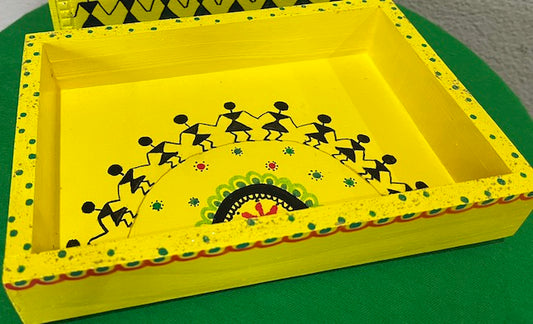 Warli art themed bright yellow small wooden tray & Vase
